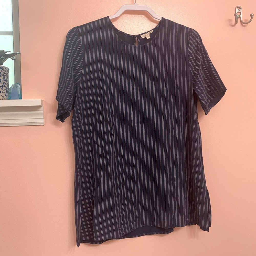 Eileen Fisher Tunic Blouse — Navy Blue and Cream Pinstripe